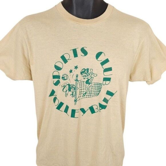 Vintage Volleyball T Shirt Mens Size Medium Beige 80s Sports Club Made In USA - Picture 1 of 7